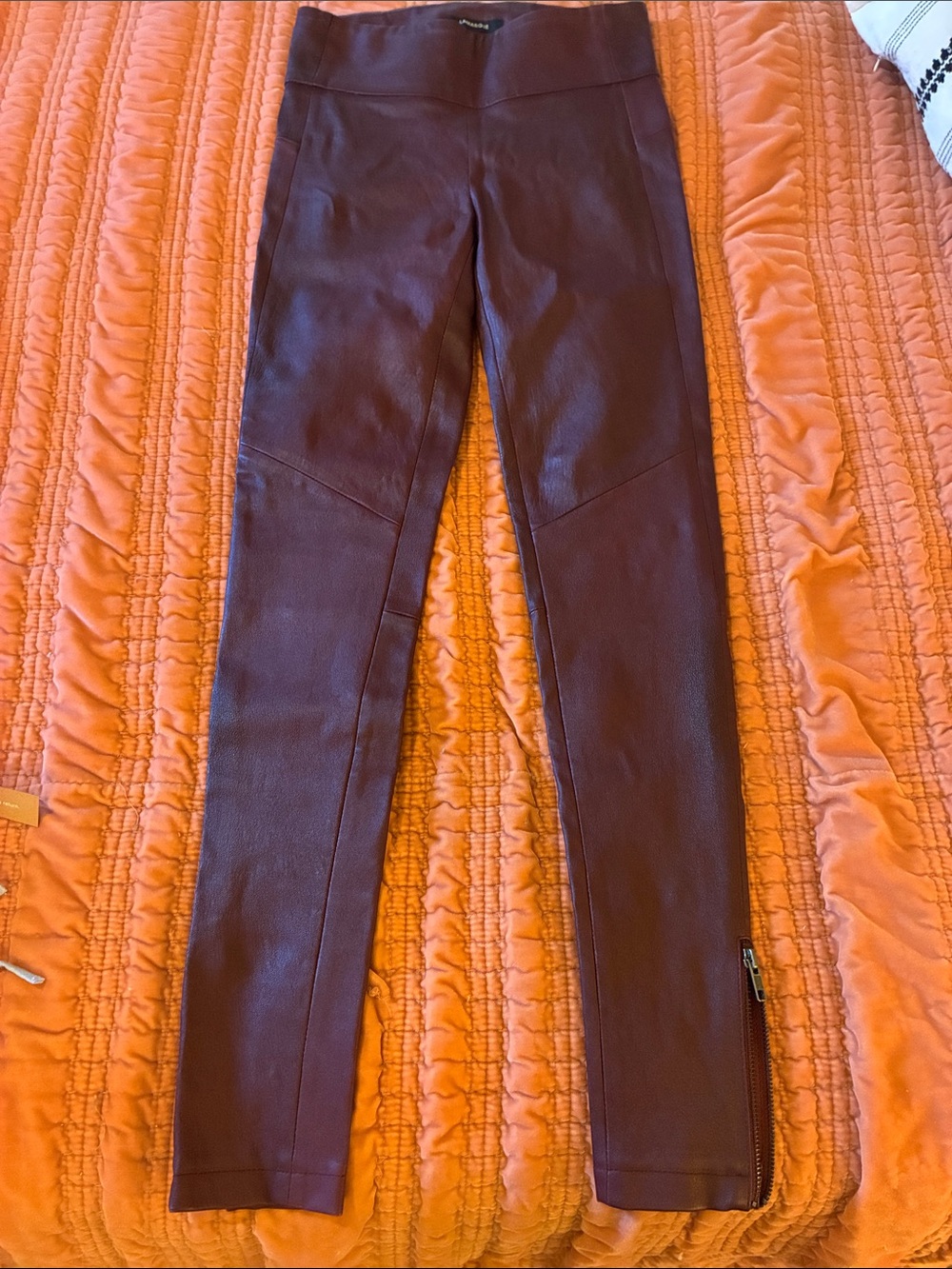Lamarque burgundy red moto leather zip hem slim pants/leggings 13” waist
